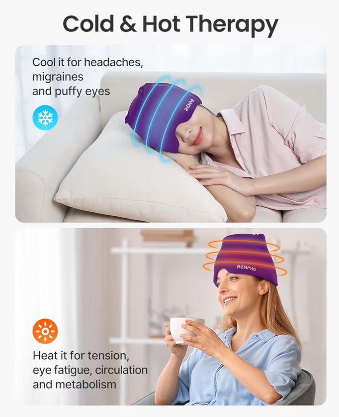 Migraine Relief Cap Ice Head Wrap with Hot or Cold Therapy - Ice Face Mask (Purple)