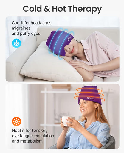 Migraine Relief Cap Ice Head Wrap with Hot or Cold Therapy - Ice Face Mask (Purple)
