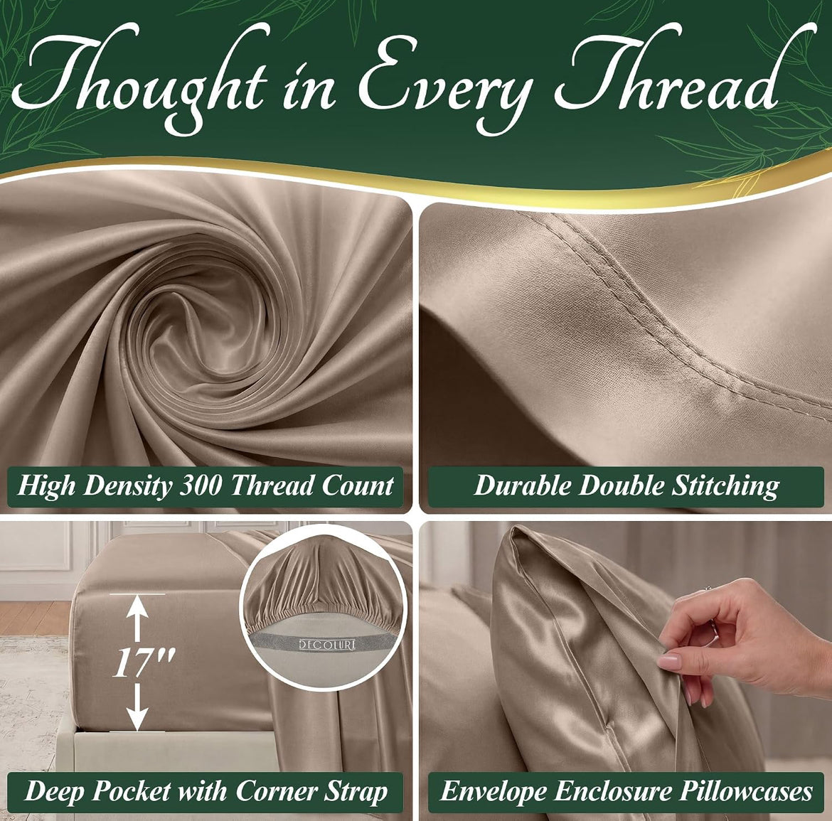 DECOLURE 100% Viscose Derived from Bamboo Sheets King Size - Luxury 6 Pc Naturally Cooling Sheets, Ultra Soft Bed Set - Deep 17" Pockets, Durable Double Stitching, Oeko Tex Standard (Taupe)