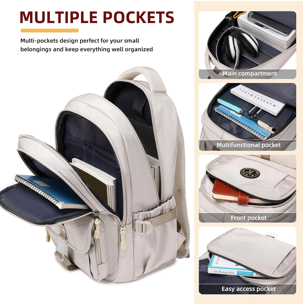 College Backpack, Travel Laptop Backpacks, Large Kids School Bag for Teens Girls Boys Students Bookbag Fit for 15.6 Inch Computer Waterproof Business Work Back Pack for Women Men Daypack Beige
