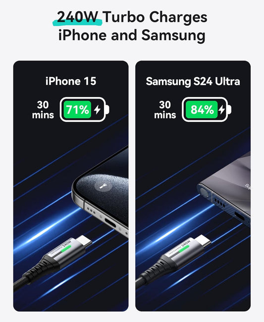 INIU USB C na USB C Kabel, 240W Vinnig Laai [2m, 2-pak] Tipe C Laaikoord, Gevlegte USBC Foonlaaikabel vir iPhone 16 15 Pro Samsung S24 S23 Skootrekenaars MacBook iPad Switch Steam Deck ens.
