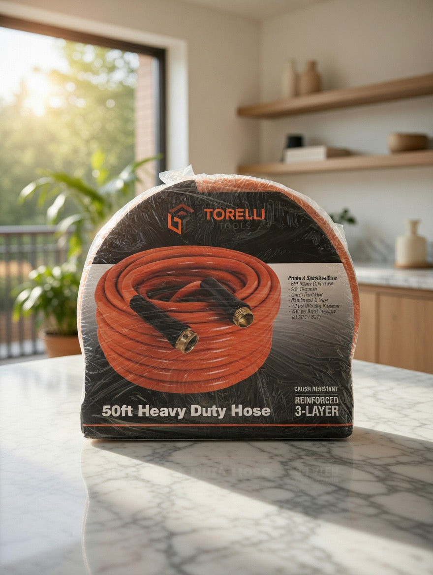 Torelli 50ft Heavy Duty Garden Hose - 5/8” Reinforced 3-Layer, 200 PSI