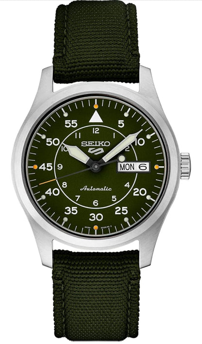 SEIKO Manshorlosie - 5 Sports - Outomaties met Handopwenbeweging, Groen Wysplaat, Vlekvrye Staal Kas, Groen Nylon Band, 100m Waterbestand, met Dag/Datum Vertoning