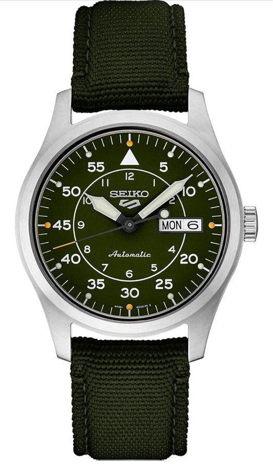 SEIKO Manshorlosie - 5 Sports - Outomaties met Handopwenbeweging, Groen Wysplaat, Vlekvrye Staal Kas, Groen Nylon Band, 100m Waterbestand, met Dag/Datum Vertoning