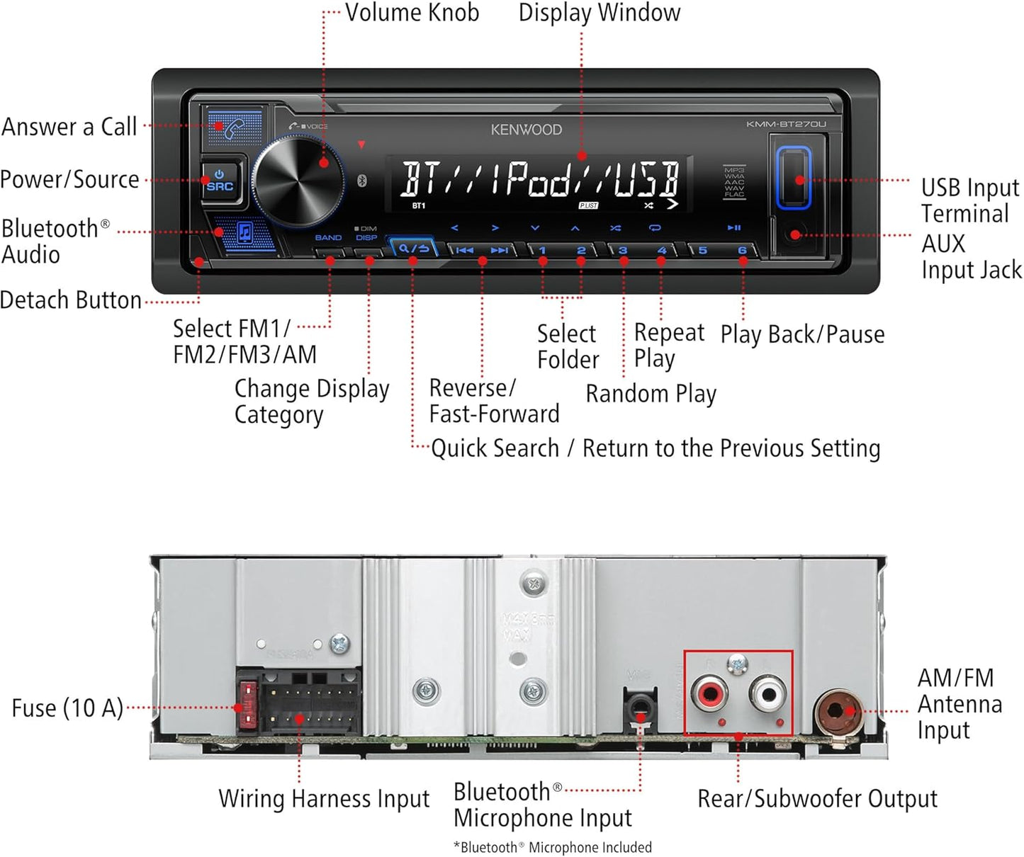 Autoradio numérique KENWOOD KMM-BT270U Bluetooth avec port USB – Radio AM/FM, lecteur MP3, écran LCD à contraste élevé, façade détachable, simple DIN, égaliseur 13 bandes
