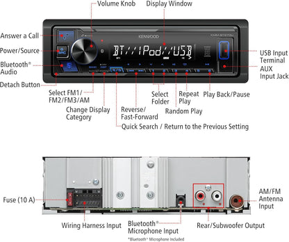 KENWOOD KMM-BT270U Bluetooth Digitale Media Motorenontvanger met USB-poort – AM/FM-radio, MP3-speler, hoë kontras LCD, afneembare voorpaneel, enkel DIN, 13-band EQ