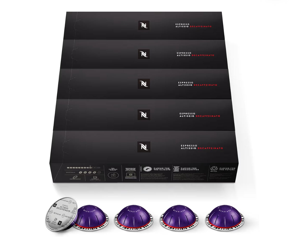 Nespresso Vertuo-kapsules, Altissio Decaffeinato, Donkergeroosterde Espresso - 50 Eenhede Espressokapsules, Brou (1.35 oz.)