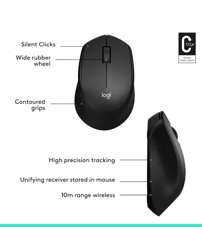 Logitech M330 SILENT Draadlose Muis, 2.4GHz met USB-ontvanger, Optiese Nasporing, Stil & Liggewig, Lang Batterylewe, vir rekenaar, Mac, skootrekenaar, Chromebook - Swart