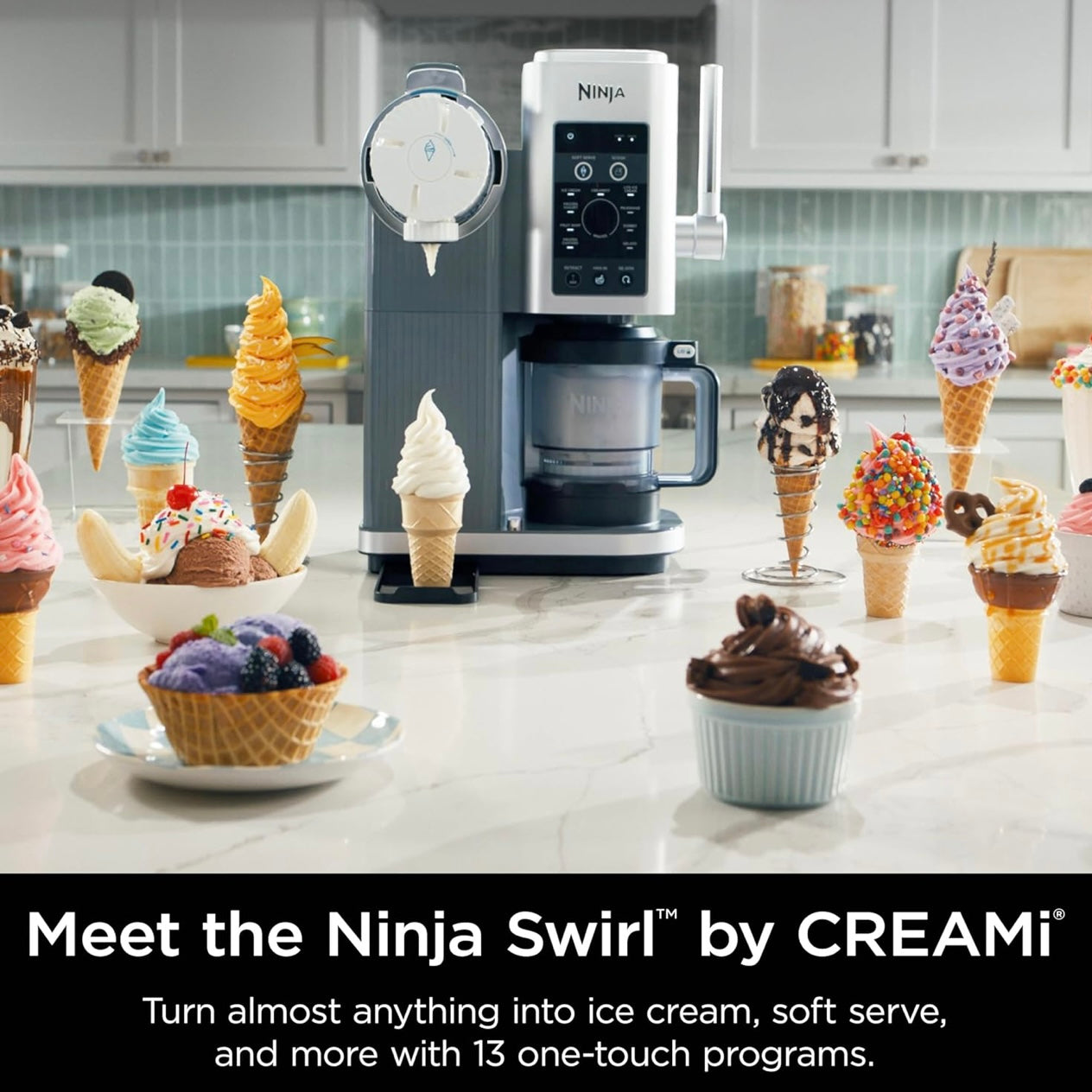 Ninja Swirl by CREAMi Ice Cream and Soft Serve Maker Low Calories Program & More, 13-in-1, Soft Serve Handle, (2) CREAMi Swirl 16oz Pints - NC701