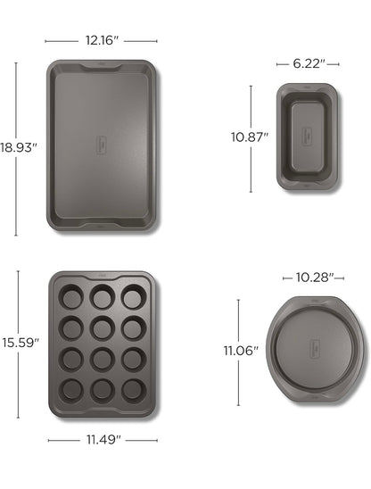 Ninja B35005 Foodi NeverStick Premium 5-stuk Bakwareplaatstel, Oondveilig tot 260°C - 12 Koppie Muffinpan, & (2) 9 Duim Ronde Koekpanne - Grys