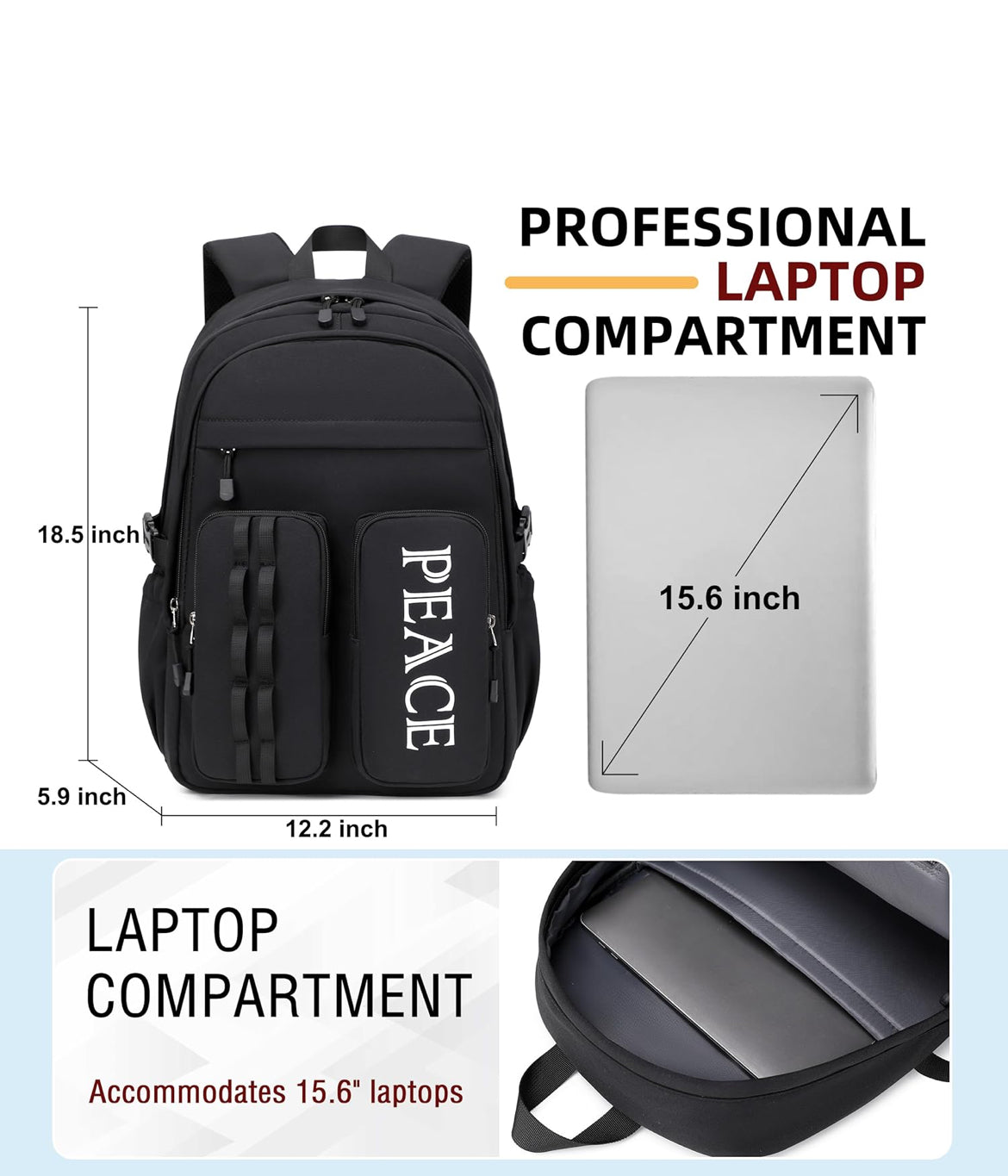 College Bookbag Laptop Backpacks 15.6 Inch Kids Elementary School Bag for Teens Girls Boys Water Resistant Sport Travel Back Pack Women Men Work Business Computer Rucksack Black