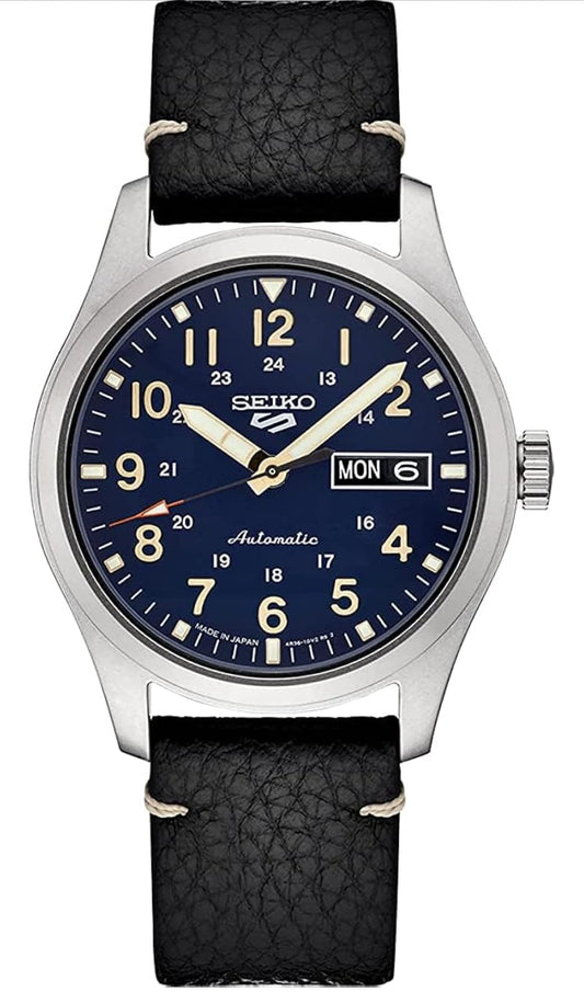 SEIKO Horlosie Outomaties met Handopwinding, Blou Wysplaat, Vlekvryestaal-kas, Swart Leerband, 100m Waterbestand