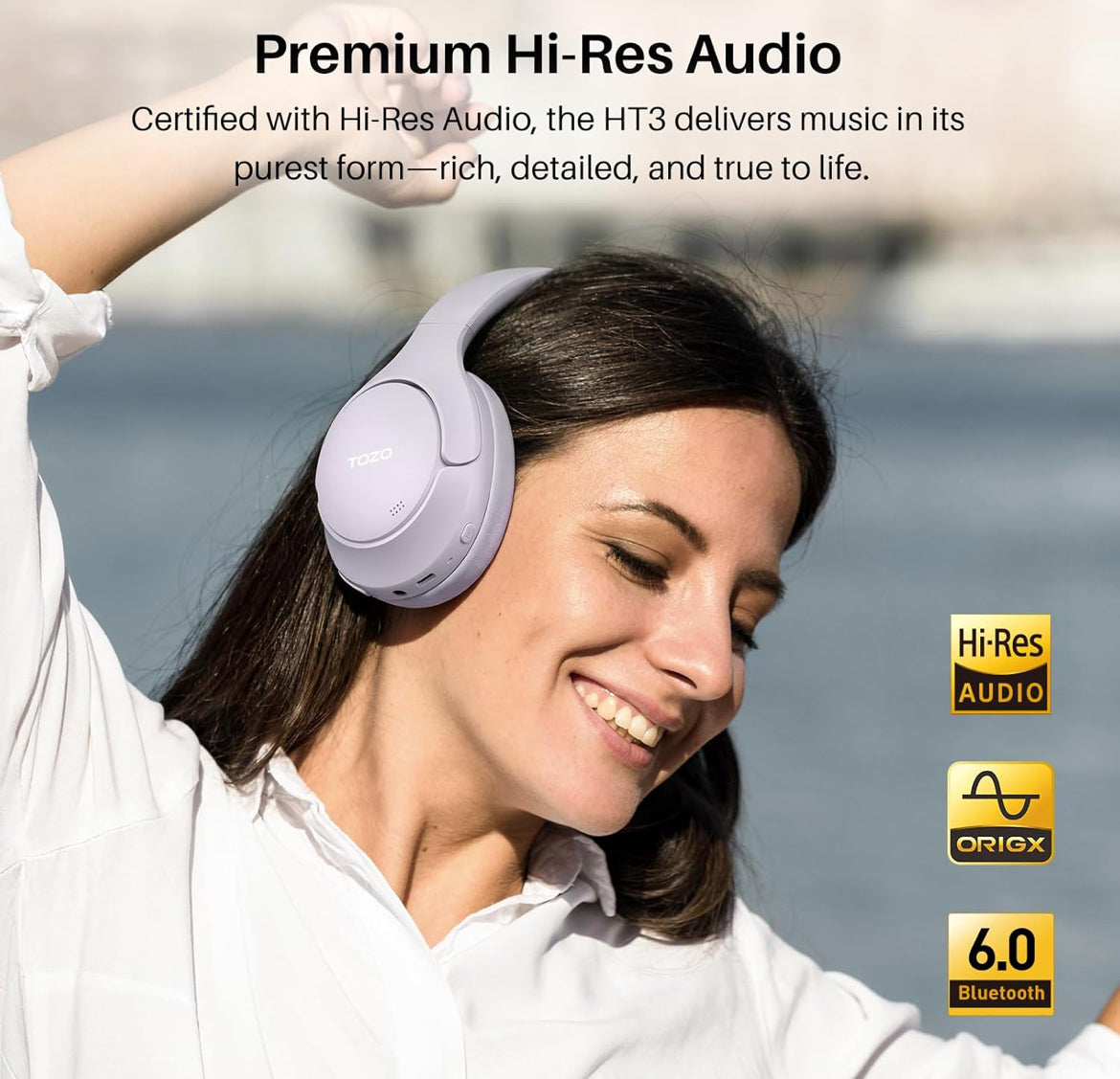 HT3 Hybrid Noise Cancelling Headphones, 90H Battery Life Over Ear Bluetooth 6.0 Foldable Headset, AI Voice Assistant - Light Purple
