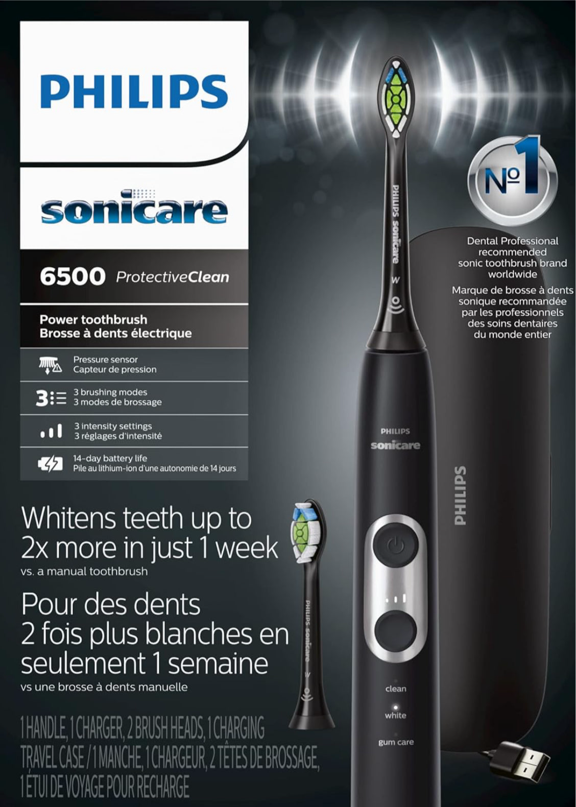 Philips Sonicare ProtectiveClean 6500 Herlaaibare Elektriese Tandeborsel, met Druksensor, 3 Skoonmaakmodusse, SmarTimer en QuadPacer Laaireisomhulsel - Swart (HX6462/08)