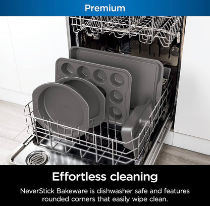 Ninja B35005 Foodi NeverStick Premium 5-stuk Bakwareplaatstel, Oondveilig tot 260°C - 12 Koppie Muffinpan, & (2) 9 Duim Ronde Koekpanne - Grys