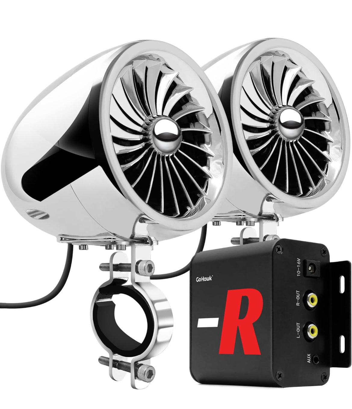 Motorcycle Speakers Bluetooth 4 Inch Waterproof Radio Audio System
100W Amplifier, Remote Control, AUX USB SD FM Radio, Fits 7/8"–1-1/4" bar for Motorcycle ATV 12 Volt Vehicles