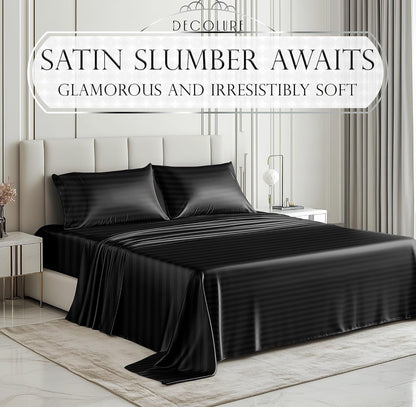 DECOLURE Satin Bed Sheets - 4 Piece Luxury Silky Queen Size Bedding Set - Softer Than Silk, Wrinkle-Free with 15” Deep Pocket Fitted Sheet, Perfect for Hair & Skin, Gifts for Women (Striped Black)