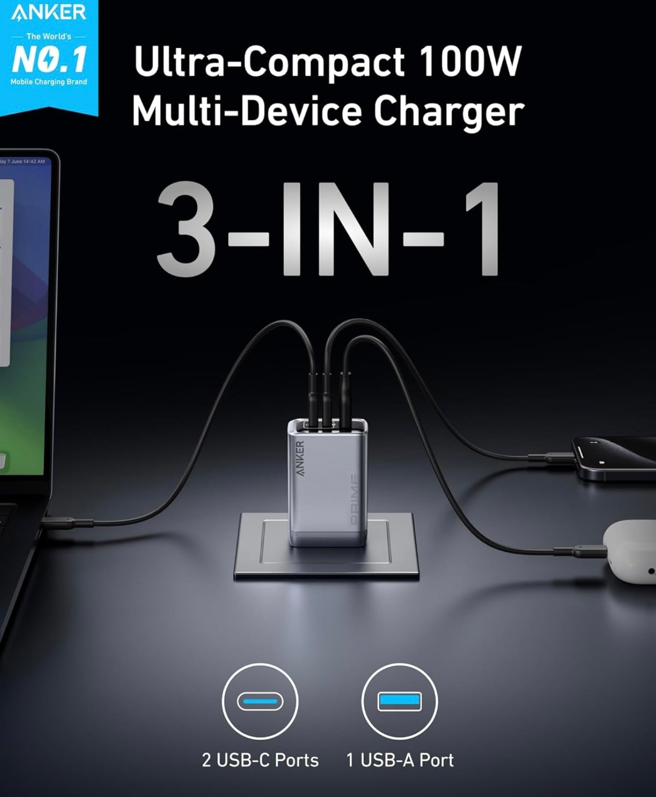 Anker Prime Charger, 100W 3-Port GaN USB C Charger Block, Foldable and Compact - NEW