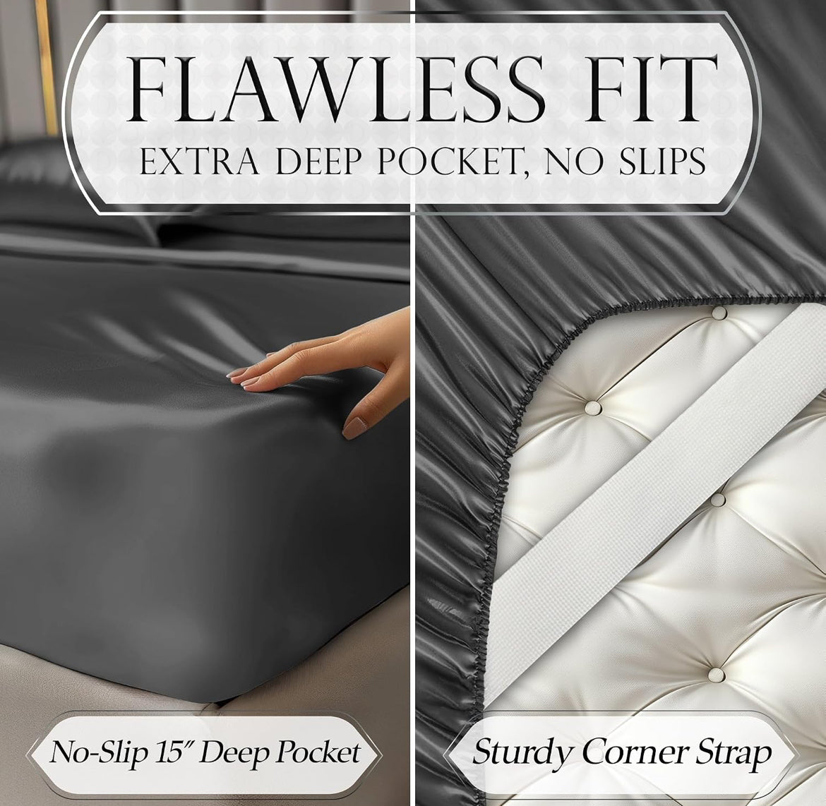 DECOLURE Satin Bed Sheets - 4 Piece Luxury Silky Queen Size Bedding Set - Softer Than Silk, Wrinkle-Free with 15” Deep Pocket Fitted Sheet, Perfect for Hair & Skin, Gifts for Women (Stone Grey)