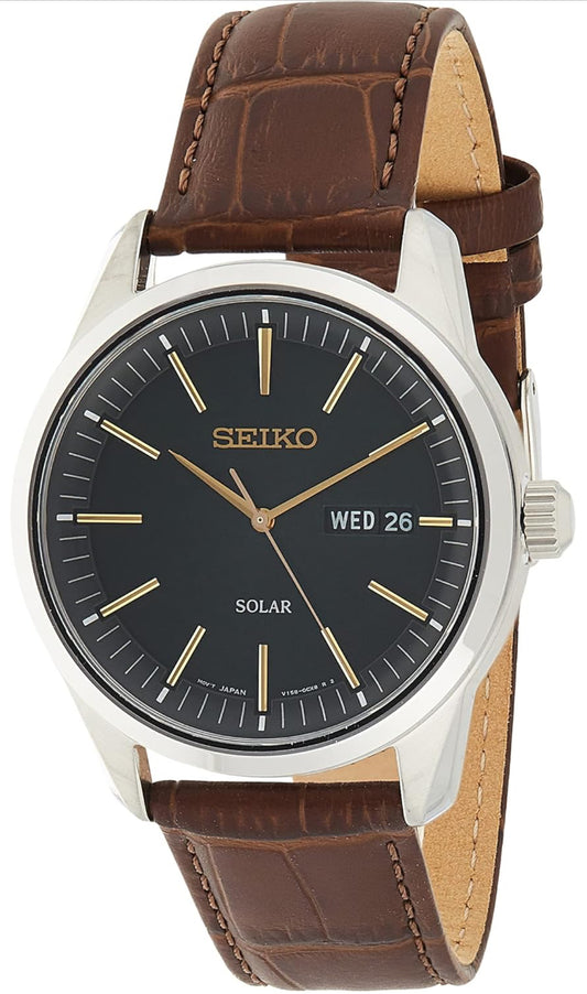 Seiko Horlosie vir Mans - Noodsaaklikhede - Datumkalender, Leerarmband, 100m Waterbestand