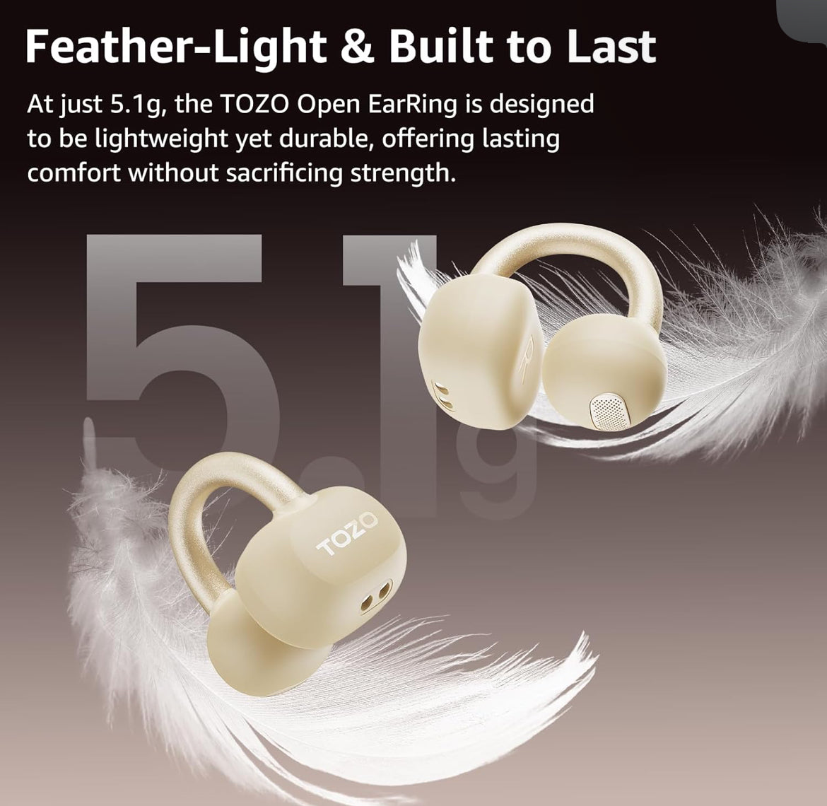 Open Ear Clip Earbuds, Lightweight Comfort 40H Play BT w/ Smart Digital Display - Khaki