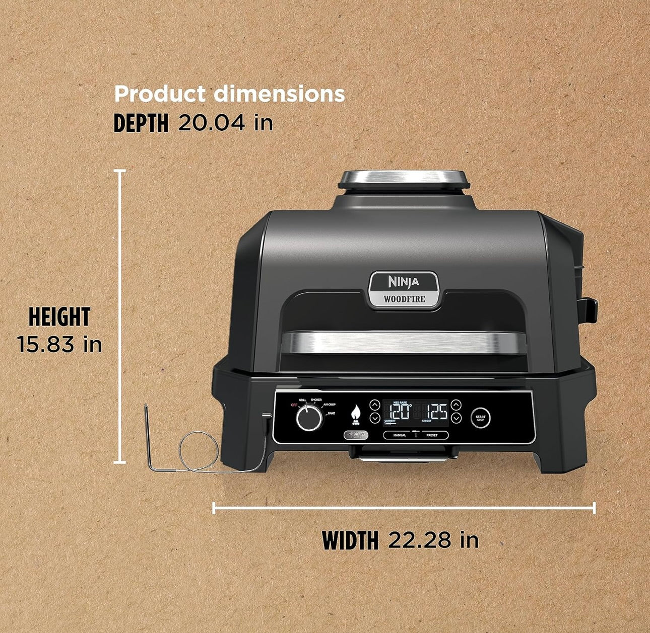 Ninja, Woodfire Pro XL Buitebraaier & Roker, Termometer, 4-in-1 Meesterbraaier, BBQ Roker, Buite Lugbraaier, Bak, Draagbaar, Elektriese Braaier - Donkergrys