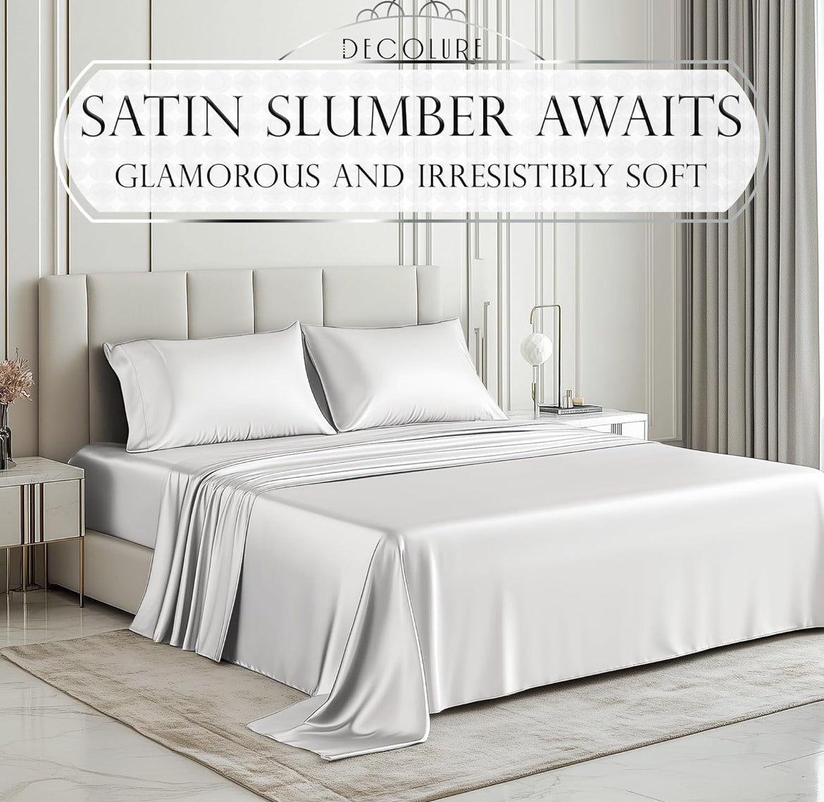 DECOLURE Satin Bed Sheets - 4 Piece Luxury Silky Queen Size Bedding Set - Softer Than Silk, Wrinkle-Free with 15” Deep Pocket Fitted Sheet, Perfect for Hair & Skin, Gifts for Women (White)