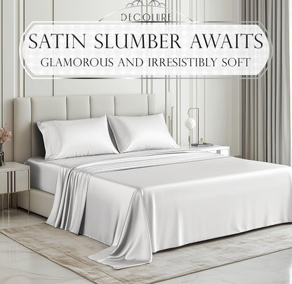 DECOLURE Satin Bed Sheets - 4 Piece Luxury Silky Queen Size Bedding Set - Softer Than Silk, Wrinkle-Free with 15” Deep Pocket Fitted Sheet, Perfect for Hair & Skin, Gifts for Women (White)
