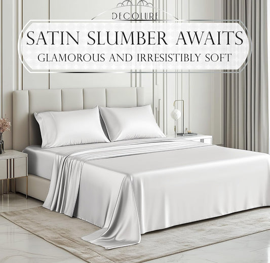 Satin Bed Sheets - 4 PCS Luxury Silky Queen Size Bedding Set - Softer Than Silk, Wrinkle-Free with 15” Deep Pocket Fitted Sheet - (White)