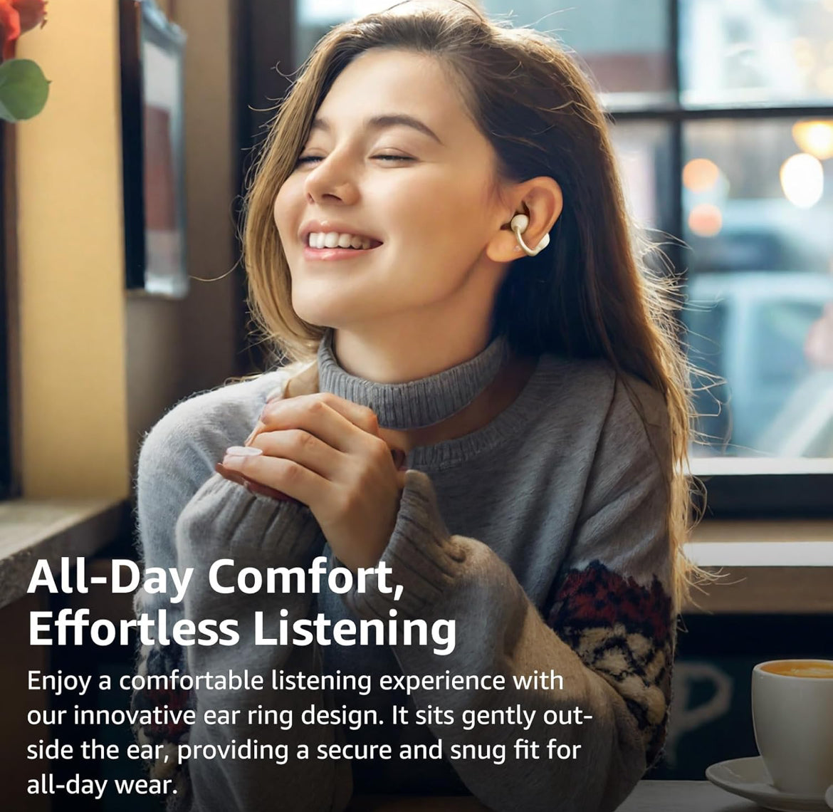 Open Ear Clip Earbuds, Lightweight Comfort 40H Play BT w/ Smart Digital Display - Khaki