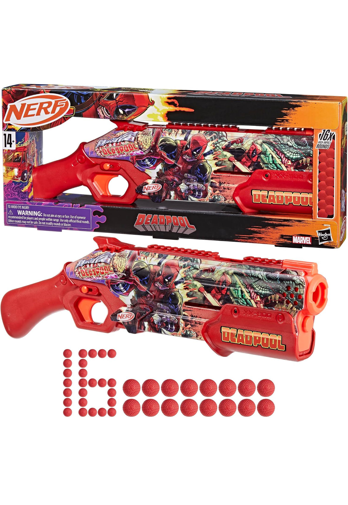 Nerf Marvel Deadpool Blaster, 16 Nerf Rival Accu-Rounds, Pump Action, Breech Load, Gifts for Teens, 14+