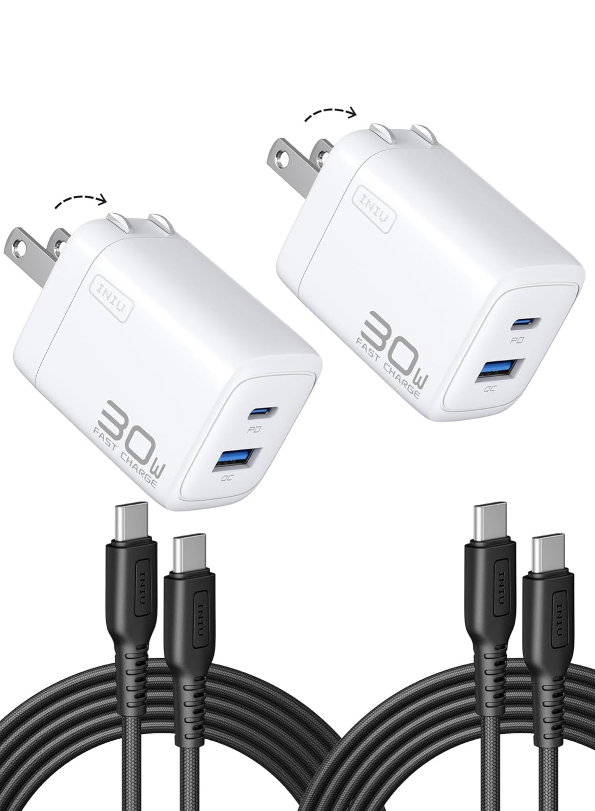 INIU 30W USB C Charger, 2-Pack PD QC 3.0 Dual Port Fast Charging, Type C Charger Block with 5ft USB-C Cable, GaN Tech Type C Power Adapter for iPhone 16 15 14 Pro Max Samsung S24 S23 S22 Ultra, White