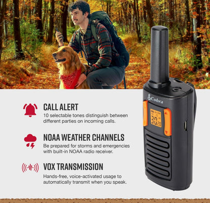 Cobra RX180 Walkie Talkies (2-pak) – Liggewig, Maklik-om-te-gebruik Kompakte Tweerigtingradio's Lang Reeks, 22 Voorafingestelde Kanale, NOAA Weerwaarskuwings, VOX-funksie, LED-flitslig (Oranje/Swart)