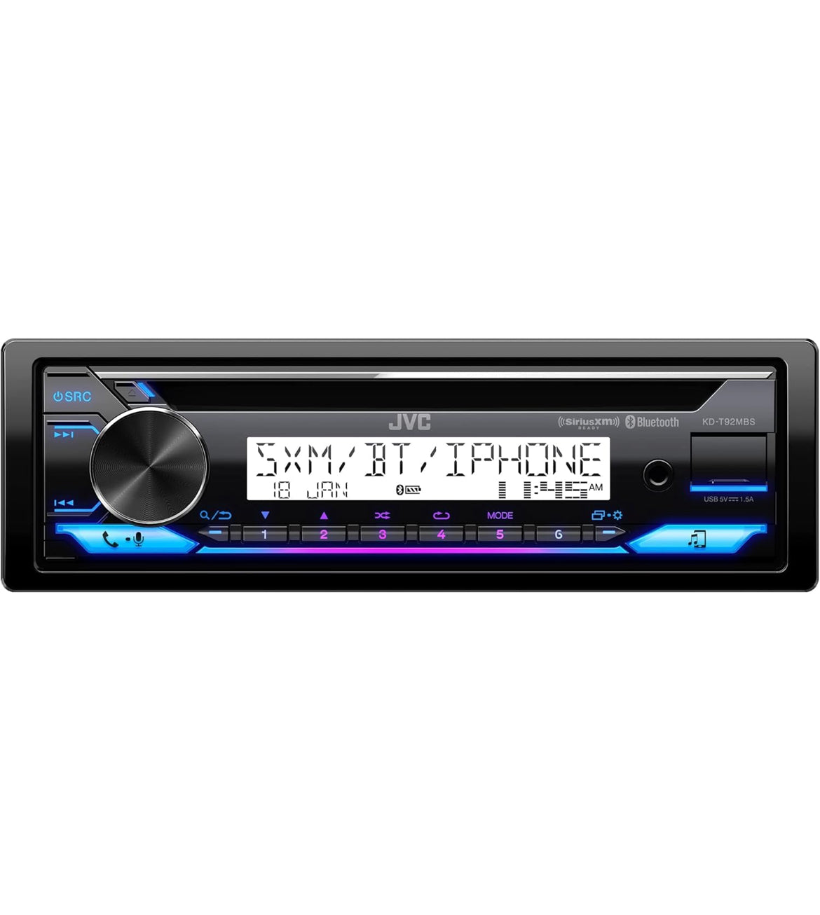 JVC KD-T92MBS Mariene-graad Motorstereo met Bluetooth, Voor-USB, AUX, Amazon Alexa, SirusXM Radio Gereed, Hoëkrag-versterker, Hoëkontras-skerm