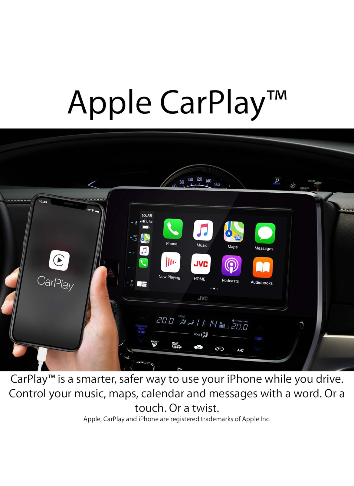 JVC KW-M560BT Apple CarPlay Android Auto Multimedia Speler met 6.8" Kapasitiewe Raakskerm, Bluetooth Oudio en Handvrye Oproepe, MP3 Speler, Dubbel DIN, 13-Band EQ, SiriusXM, AM/FM Motorradio