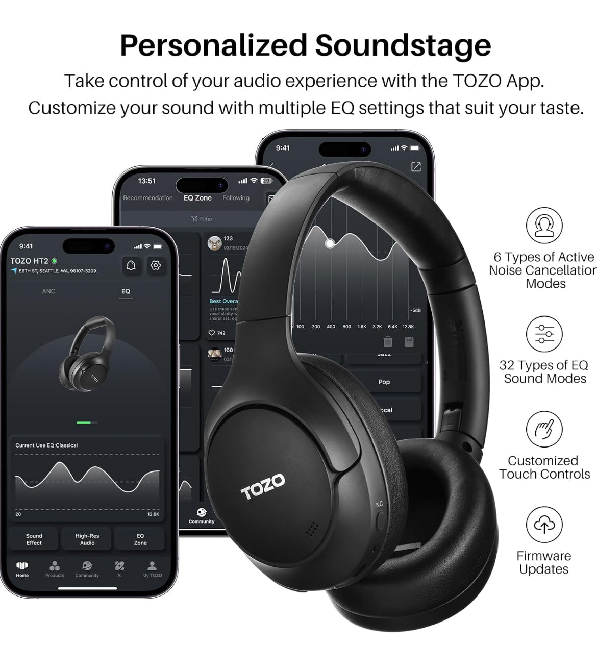 Hybrid Active Noise Cancelling Wireless Over Ear Bluetooth Headset, 60H Playtime, Hi-Res Audio Custom EQ via App Deep Bass - Black