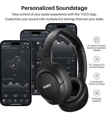 Hybrid Active Noise Cancelling Wireless Over Ear Bluetooth Headset, 60H Playtime, Hi-Res Audio Custom EQ via App Deep Bass - Black