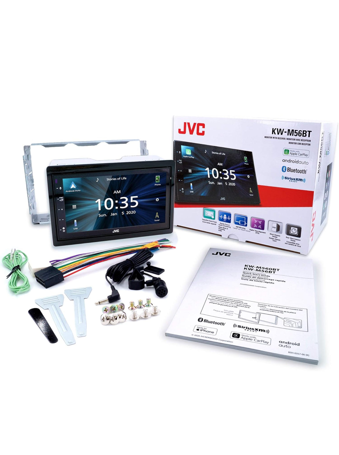 JVC KW-M56BT Apple CarPlay Android Auto Multimedia Speler met 6.8" Kapasitiewe Raakskerm, Bluetooth Oudio en Handsfree Oproepe, MP3 Speler, Dubbel DIN, 13-Band EQ, SiriusXM, AM/FM Motorradio