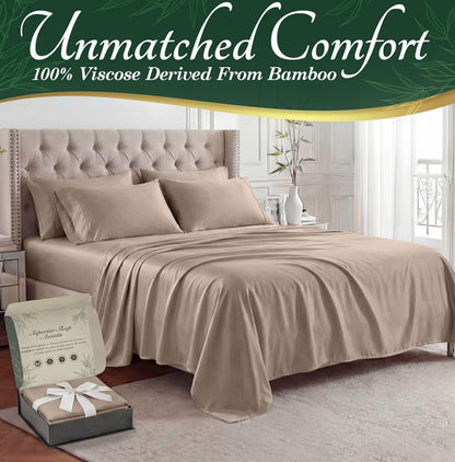 DECOLURE 100% Viscose Derived from Bamboo Sheets King Size - Luxury 6 Pc Naturally Cooling Sheets, Ultra Soft Bed Set - Deep 17" Pockets, Durable Double Stitching, Oeko Tex Standard (Taupe)