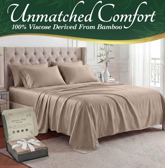 100% Viscose Derived from Bamboo Sheets King Size - Luxury 6 Pc Naturally Cooling Sheets, Ultra Soft Bed Set - Deep 17" Pockets, Durable Double Stitching - (Taupe)