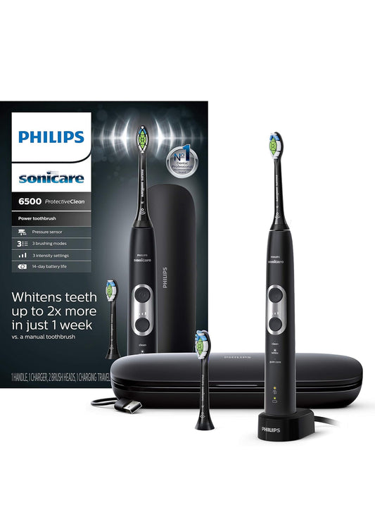 Philips Sonicare ProtectiveClean 6500 Herlaaibare Elektriese Tandeborsel, met Druksensor, 3 Skoonmaakmodusse, SmarTimer en QuadPacer Laaireisomhulsel - Swart (HX6462/08)