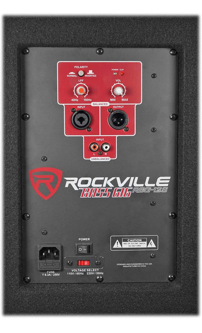 Rockville RBG12S 12" 1400 Watt Aktiewe Aangedrewe PA Subwoofer DJ/Pro+Staal Wiele