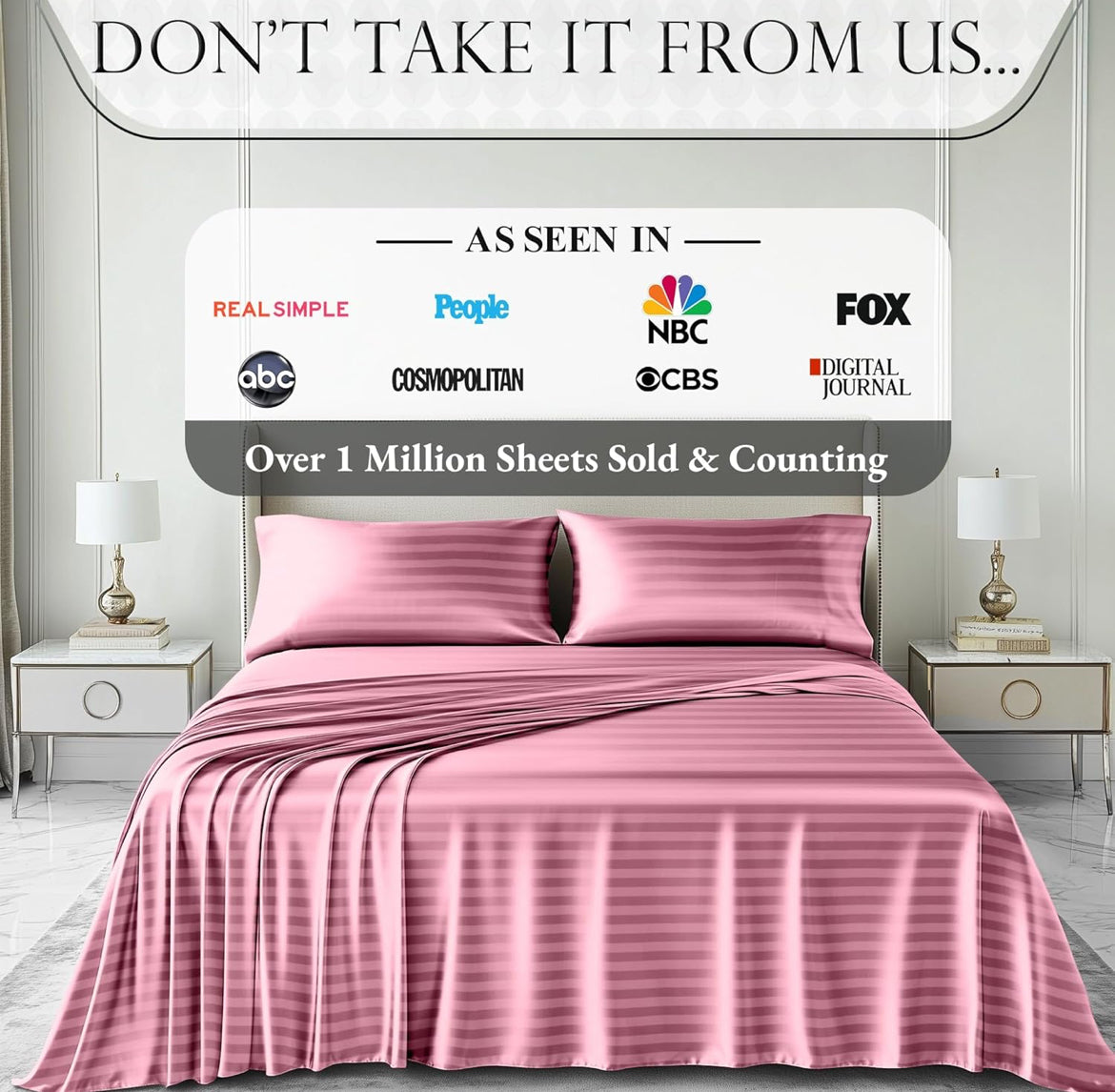 DECOLURE Satin Bed Sheets - 4 Piece Luxury Silky Queen Size Bedding Set - Softer Than Silk, Wrinkle-Free with 15” Deep Pocket Fitted Sheet, Perfect for Hair & Skin, Gifts for Women (Striped Pink)