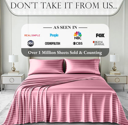 DECOLURE Satin Bed Sheets - 4 Piece Luxury Silky Queen Size Bedding Set - Softer Than Silk, Wrinkle-Free with 15” Deep Pocket Fitted Sheet, Perfect for Hair & Skin, Gifts for Women (Striped Pink)