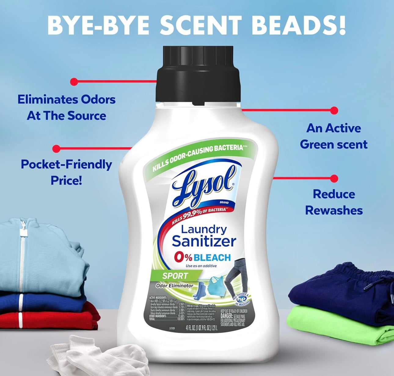 Lysol Sport Wasgoedontsmetter Byvoeging, Ontsmettingsvloeistof vir Gimklere en Aktiewe drag, 0% Bleikmiddel, Elimineer Reukveroorsakende Bakterieë, 41oz
