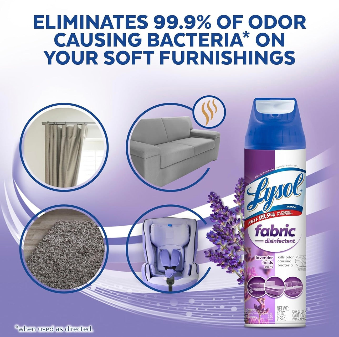 Lysol Lap Ontsmettingssproei, Saniterende en Antibakteriese Sproei, Vir die Ontsmetting en Ontgeuring van Sagte Meubels, Laventellande 15 Vl. Ons (Pak van 3)