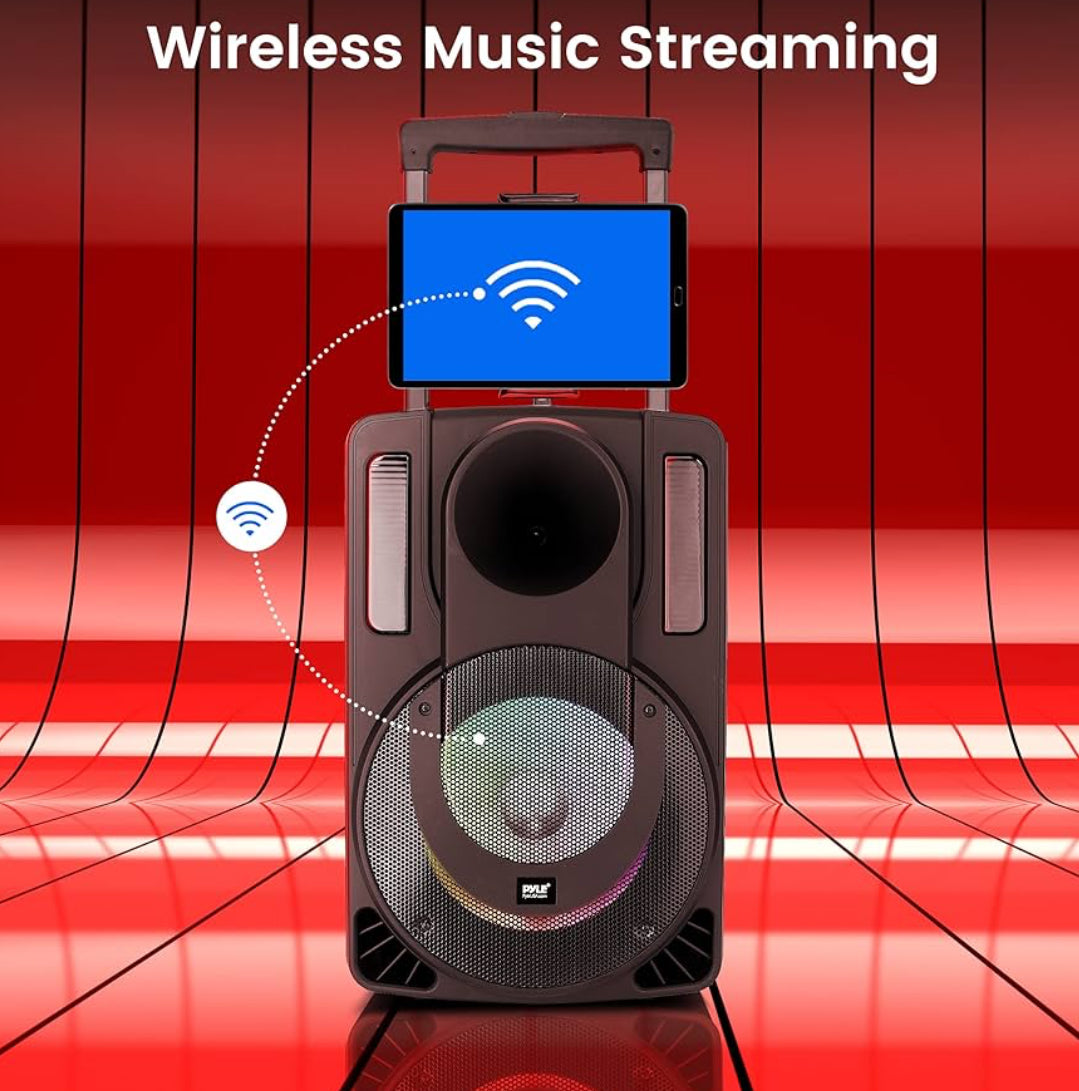 Portable 8 Inches PA Speaker System - Wireless BT Streaming & Karaoke Party Two Wireless Mic, Wired Microphone, Tablet Stand, Flashing Party Lights, MP3/USB//FM Radio