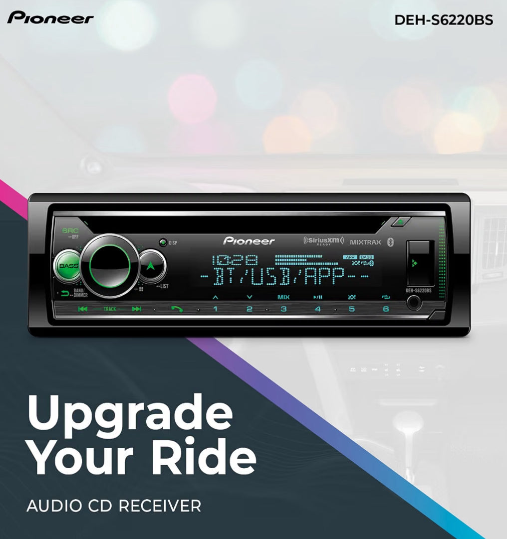 Pioneer DEH-S6220BS 1-Din CD Car Stereo with Bluetooth, USB/AUX. HD Radio
CD Receiver, SiriusXM, Color Change, FLAC, AM/FM, Detachable Face, 13-Band EQ, 50W x 4, Voice Control, Hi-Volt RCA Preouts