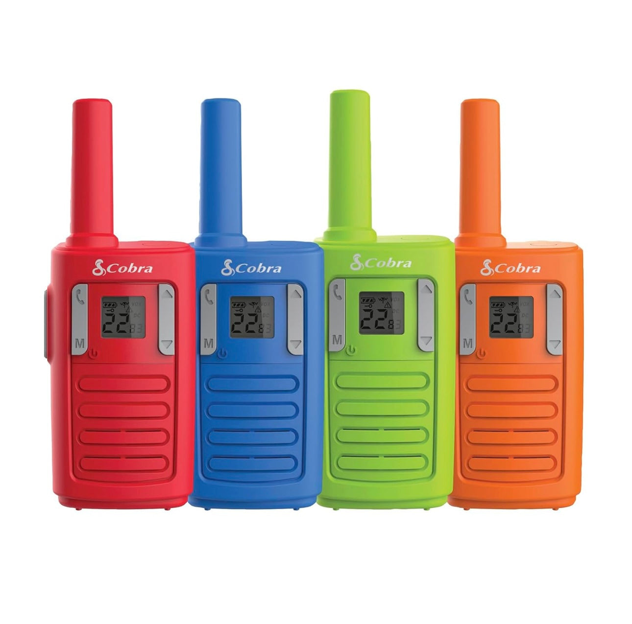 Cobra RX100 Gesins-Walkie-Talkies (4-Pak) met 16 Myl Reikafstand - 16 Myl Lang Reikafstand, Kindervriendelike Kommunikasie, 22 Kanale, NOAA Weerwaarskuwings, Oproepwaarskuwings