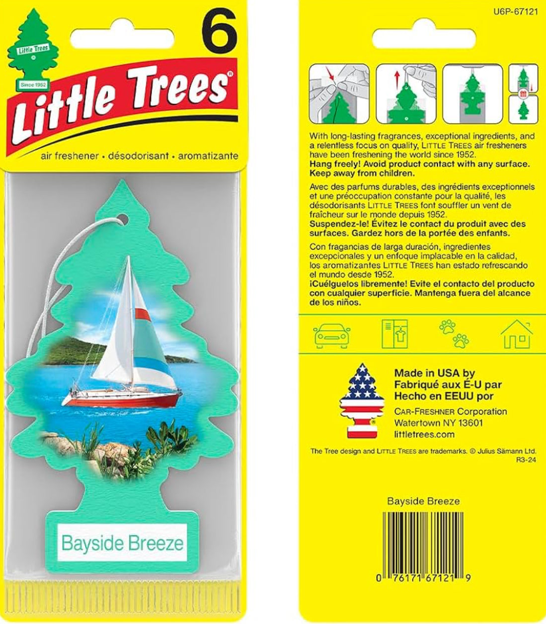 LITTLE TREES Kar Lugverfrisser Hangboompie Langdurige Geur – Bayside Breeze 6-Pakke